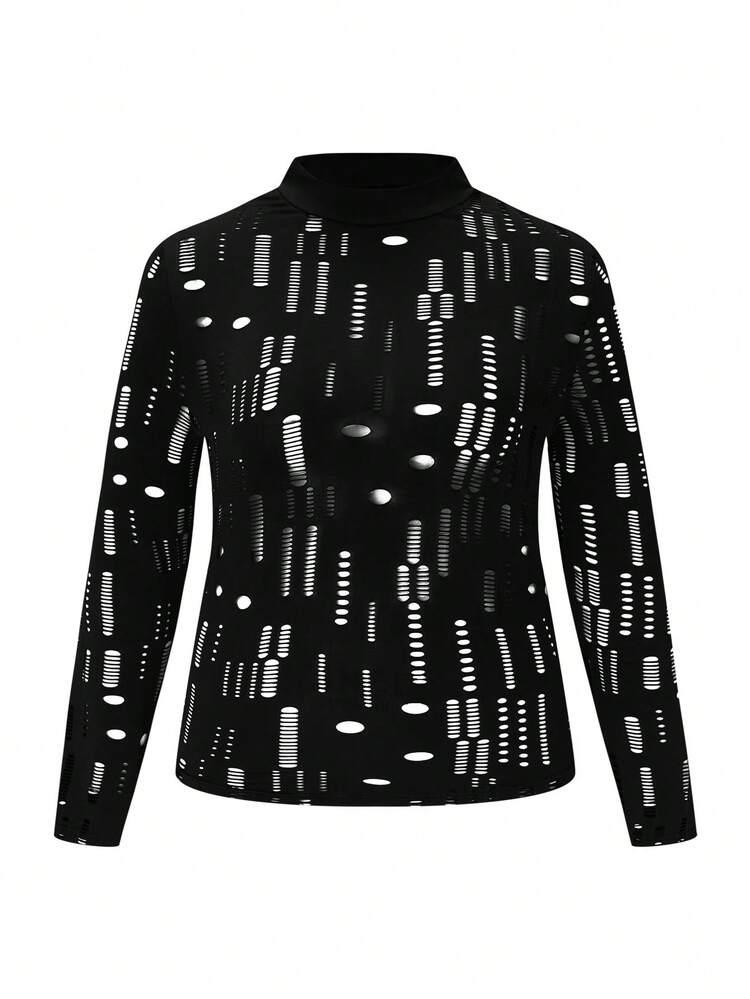 Plus Size Distressed Stand Collar T-Shirt Fall Cloth For Women