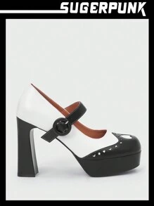 Sugerpunk Y2k 女款黑白拼色防水台厚跟鞋 - 白色 - 查看 1