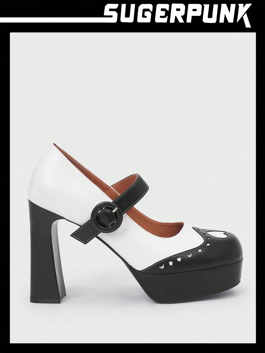 Sugerpunk Y2k 女款黑白拼色防水台厚跟鞋 - 白色 - 查看 1