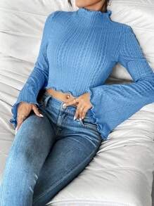 SHEIN Privé 優雅的女士鐘形袖t恤 - 藍色 - 查看 4