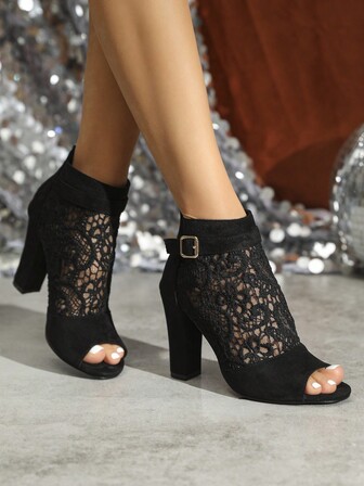 Fall/Winter Women's Fashion New Black, Light Brown, Brown Perforated Lace Net Peep Toe High Heel Ankle Boots, Sandals
