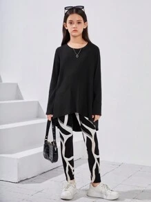 Tween 女孩寬鬆幾何圖案設計前短後長 T 恤和緊身褲套裝 - 黑色 - 查看 4