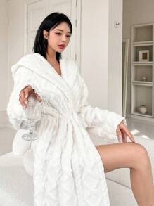 DAZY Women's Solid Color Plush Hooded Bathrobe Pajama, Fall, Winter - White - View 1