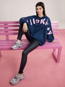 HELLO KITTY AND FRIENDS | SHEIN 女士字母&卡通印花垂肩長袖運動衫 - 寶藍色 - 查看 5