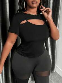 Slaydiva Của phụ nữ Kích thước lớn Màu thuần Thon gọn Ngắn tay Áo thun Với Thiết kế rỗng - màu đen - Xem 3