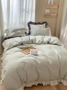 3pcs Green Velvet Floral Lace Duvet Cover Set - Green - View 7