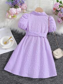 年轻女孩时尚休闲格子泡泡短袖连衣裙，翻领、口袋和领带，适合旅行、度假、派对、夏装 - 紫色 - 查看 2