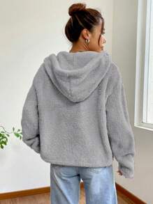 SHEIN EZwear 女性毛絨質連帽外套 - 灰色 - 查看 2