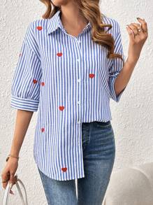 SHEIN Frenchy 女士條紋心形刺繡襯衫夏季襯衫情人節襯衫 - 藍色 - 查看 2