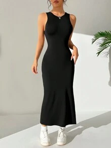 SHEIN EZwear Women's Solid Color Backless & Side Split Dress Open Back Dress - Black - View 3