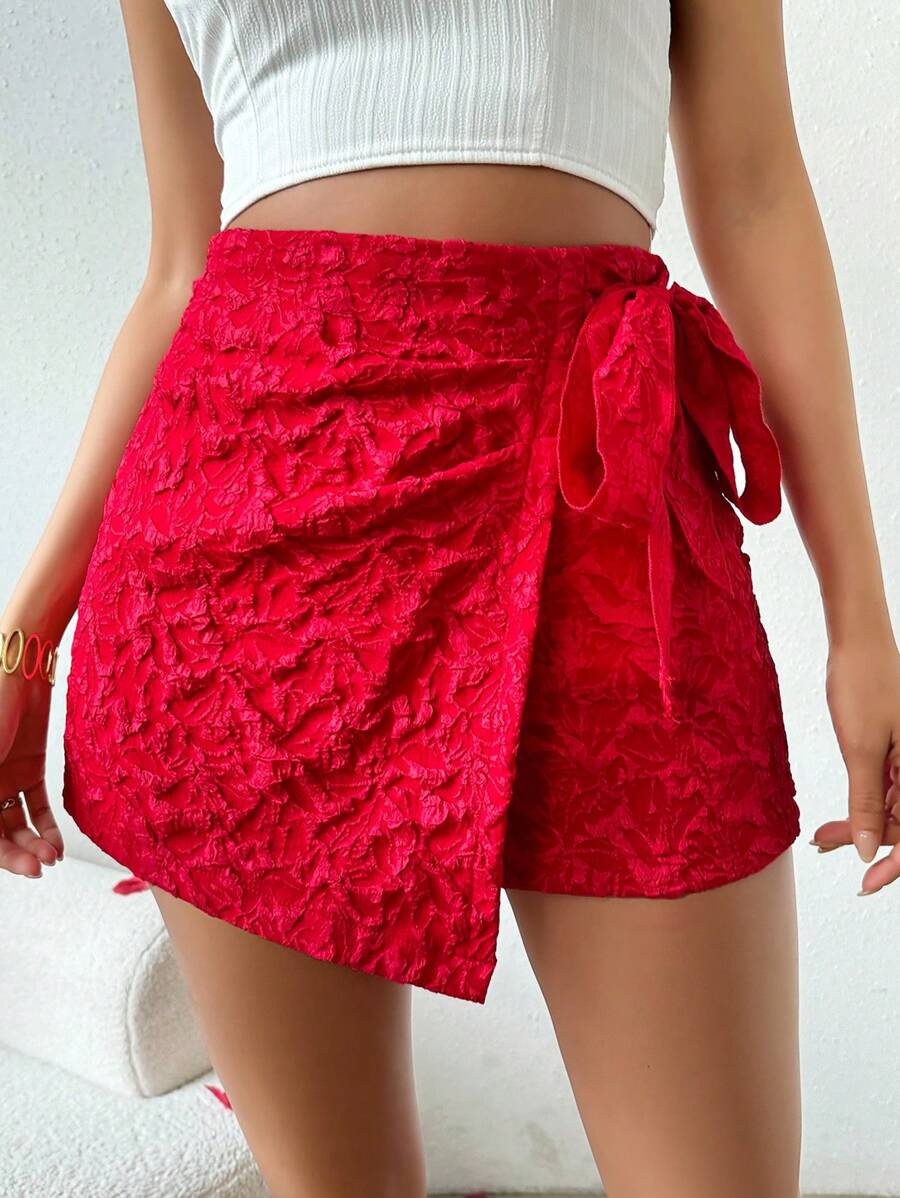 Chiquease 女士提花包覆式彈性腰短褲 - 紅色 - 查看 1