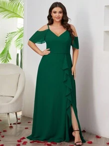Women Plus Size Off The Should Ruffle Split Thigh Bridesmaid Dress Elegant Wedding Guest Dress