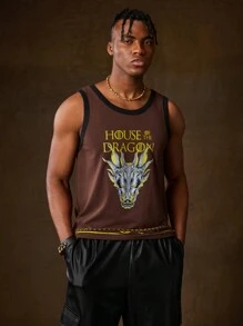 HOUSE OF THE DRAGON X SHEIN Nam Đầu rồng & Lá thư In Áo ba lỗ - Cà phê nâu - Xem 7