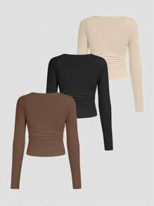 SHEIN Unity 女裝v領長袖修身t恤 - 棕色 - 查看 2