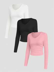 SHEIN Unity 女性v領修身長袖t恤