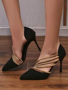Tacones altos de fiesta para damas, stilettos decorados con rhinestones, elegantes - Dorado - Ver 4