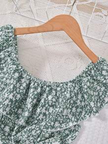 RueChic Girls Ditsy Floral Print Ruffle Trim Belted Jumpsuit - Green - View 5