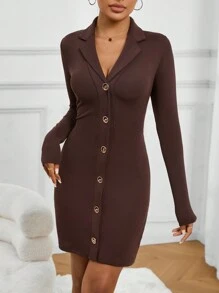SHEIN Essnce Women's Slim Fit Lapel Collar Single Breasted Sheath Dress - Brown - View 1