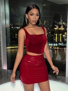 Zolique Women's Solid Color Tank Top & Bodycon Skirt Two Piece Set - Burgundy - View 5