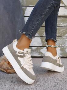 Fall/Winter Fashionable Casual Thick-Soled Color Block Lace-Up Sneakers For Women - Apricot - View 3