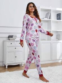 Conjunto De Pijama De Manga Larga Y Pantalón Para Mujer Con Estampado De Carta Y Corazón
