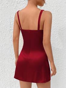 SHEIN PETITE Quý cô Màu thuần Dây đeo Mì Ý  Đầm - Màu Đỏ Sâu - Xem 2