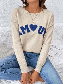 SHEIN Frenchy Women's Letter Print Towel Sleeve Drop Shoulder Sweater - Beige - View 6