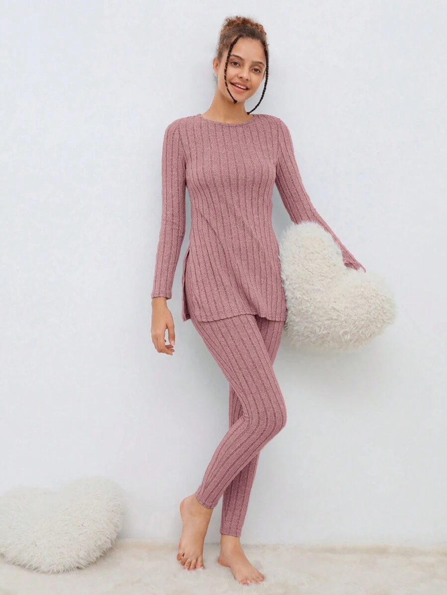 SHEIN 少女毛茸茸紋織邊側分裂t恤和緊身褲睡衣套裝 - 藕粉色 - 查看 1