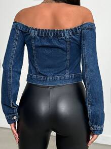 EURMUSE Open Shoulder Button Up Denim Top - Medium Wash - View 2