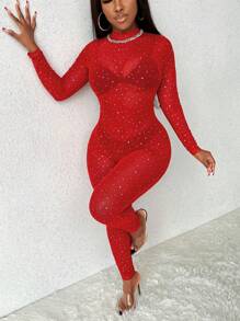 Slaydiva Women'S Rhinestone Embellished Sheer Mesh Unitard Jumpsuit - Red - View 4