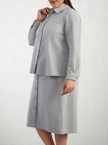 RueChic Plus Size Womens' Single Breasted Long Sleeve Coat And Skirt Set - Grey - View 5
