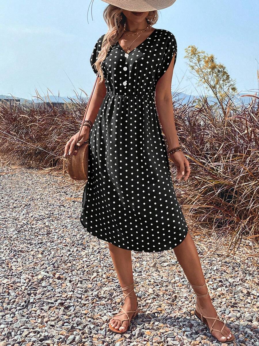 Breezaya 女士波点长袖V领前开襟纽扣连衣裙，新月形下摆，收腰设计 - 黑色 - 查看 1