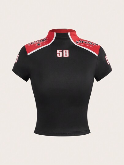 SHEIN EZwear Women's Sports Digital Pattern Slim Fit Short Sleeve T-Shirt