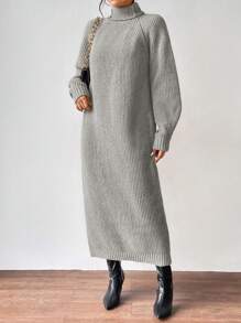 SHEIN Clasi Plain High Neck Raglan Sleeve Sweater Dress - Light Grey - View 4