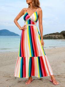 SHEIN VCAY 彩虹條紋渡假風格女士細肩帶連衣裙 - 彩色 - 查看 5