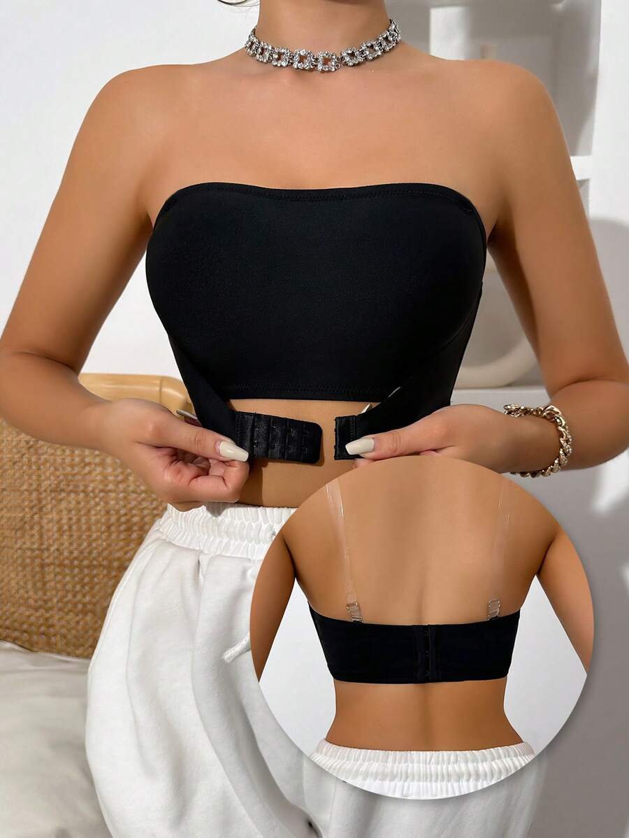 Sujetador sin tirantes de unicolor para mujeres - Negro - Ver 1