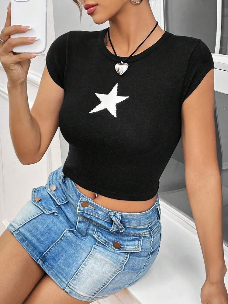 Star Print Cropped Knitted Top
