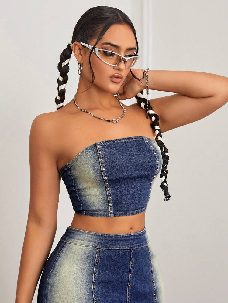 Women's Denim Strapless Top With Rivets