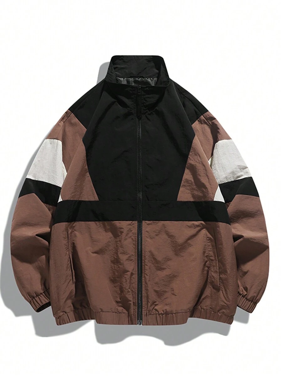 Men's Spring & Autumn Casual Color Block Jacket, Streetwear - Black - View 1