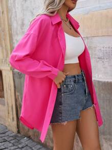 SHEIN LUNE Women's Solid-Colored Drop-Shoulder Shirt Fall Cloth For Women - Red Violet - View 4