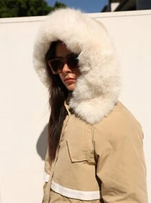 SHEIN EZwear Ladies' Contrast Color Border Collar Padded Coat - Khaki - View 3