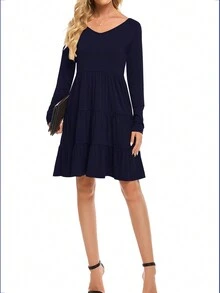 女式分層不對稱下擺休閒連衣裙 - 藏蓝色 - 查看 4