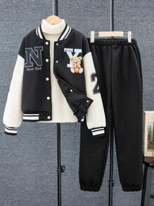 SHEIN 適合青少女的泰迪熊和字母印花棒球夾克和褲子套裝 - 黑色 - 查看 1