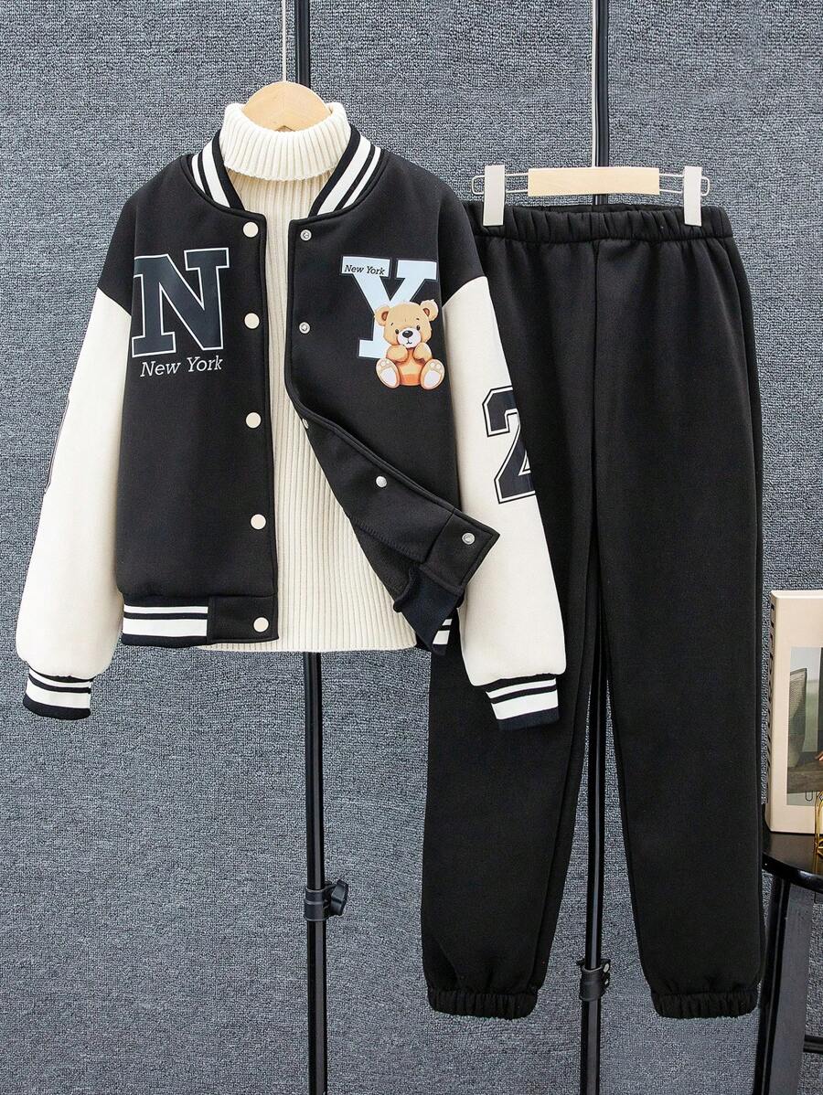 SHEIN 適合青少女的泰迪熊和字母印花棒球夾克和褲子套裝 - 黑色 - 查看 1