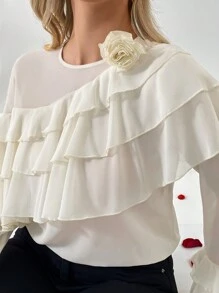 SHEIN Privé Solid Color 3d Floral Decorated Ruffle Trim Blouse