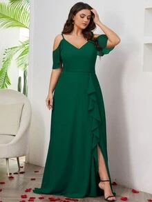 Women Plus Size Off The Should Ruffle Split Thigh Bridesmaid Dress Elegant Wedding Guest Dress