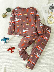 Young Boys' Cartoon Airplane Printed Long Sleeve Top And Pants Homewear Set - Brown - View 2