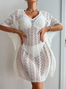SHEIN Swim Summer Women'S Knitted Hollow Out Batwing Sleeve Cover Up