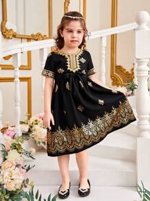 Young Girl Embroidered Applique Short Sleeve Dress - Multicolor - View 1