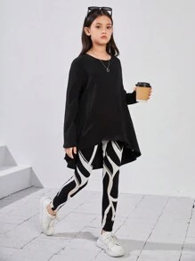 Tween 女孩寬鬆幾何圖案設計前短後長 T 恤和緊身褲套裝 - 黑色 - 查看 1